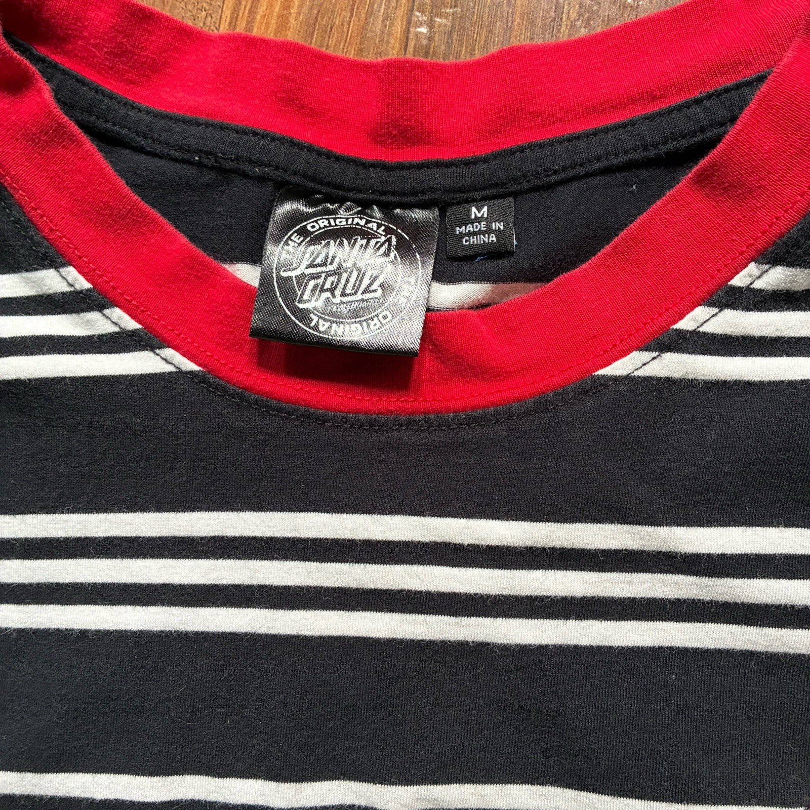 Santa Cruz Striped Ringer T-Shirt Black White Red Embroidered Dot Logo Medium