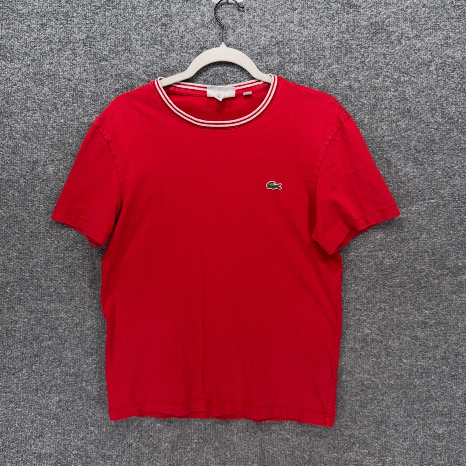 Lacoste Tshirt Mens Small Red Striped Crew Neck Short Sleeve Logo Tee Sporty