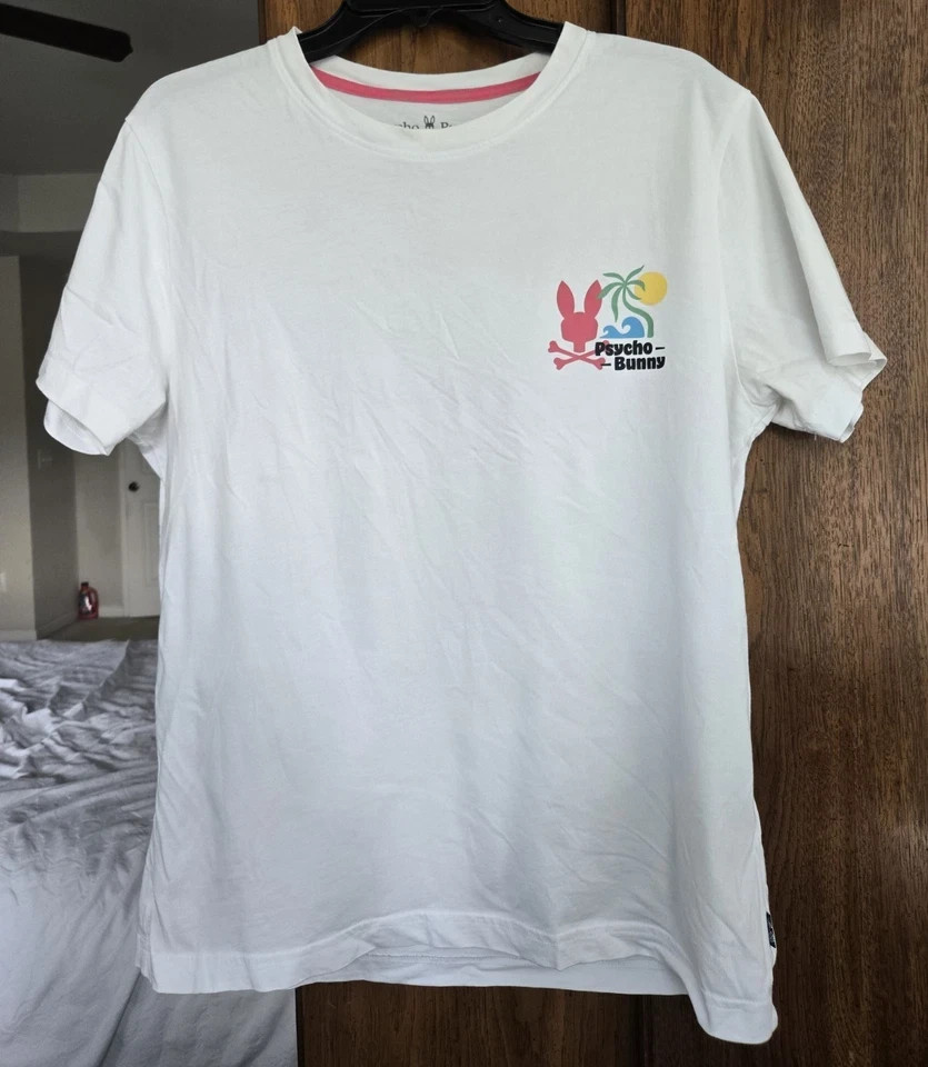 Psycho Bunny Men’s White Graphic Logo Crew Neck Pima Cotton Tee Size 5