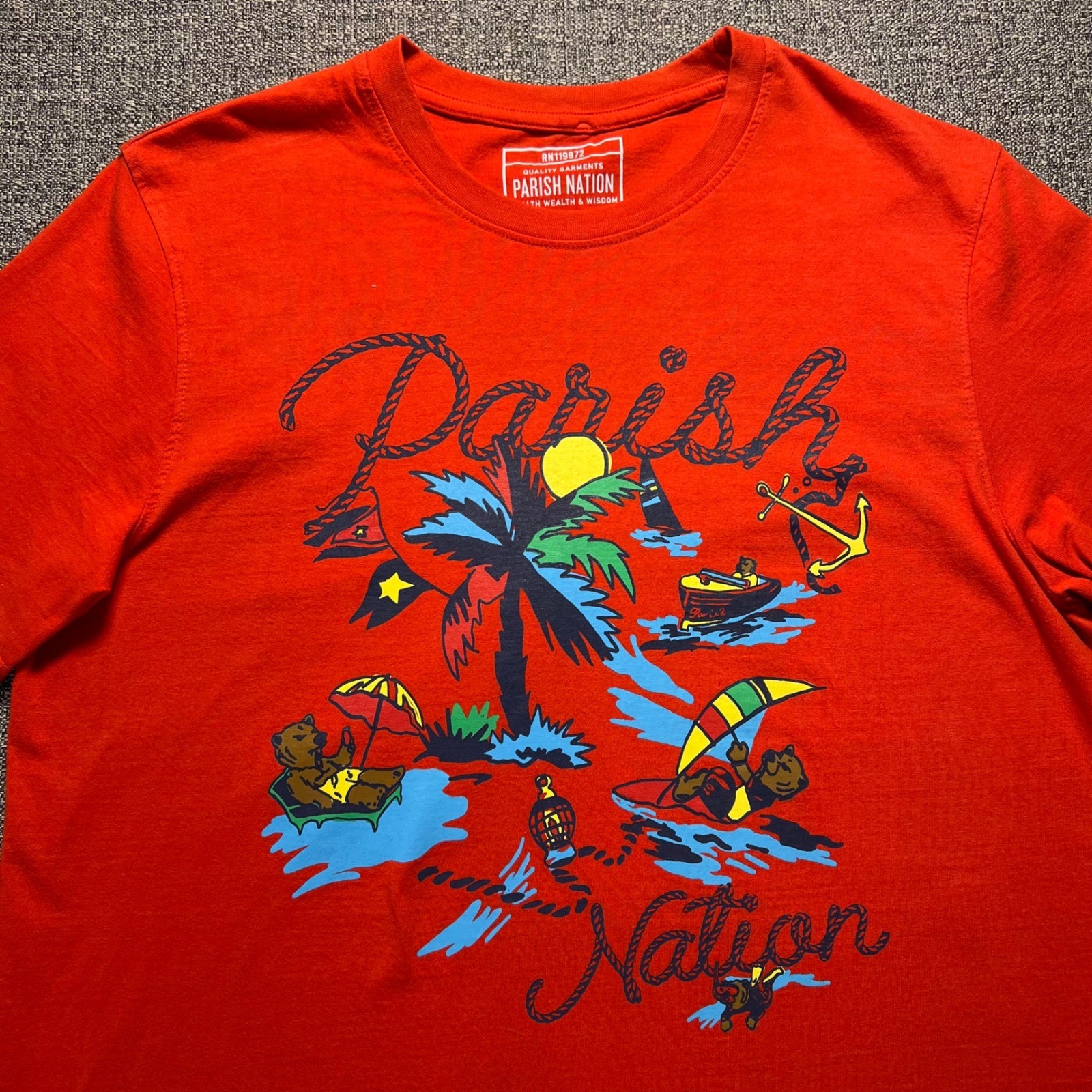 Parish Nation Tropical Beach Bear Graphic T Shirt Mens Large Red Short Sleeve