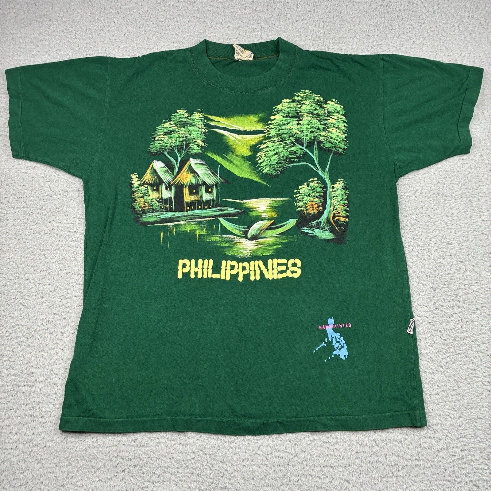 Vintage Dibuho Philippines Hand Painted Tourist T-Shirt Mens Large Green