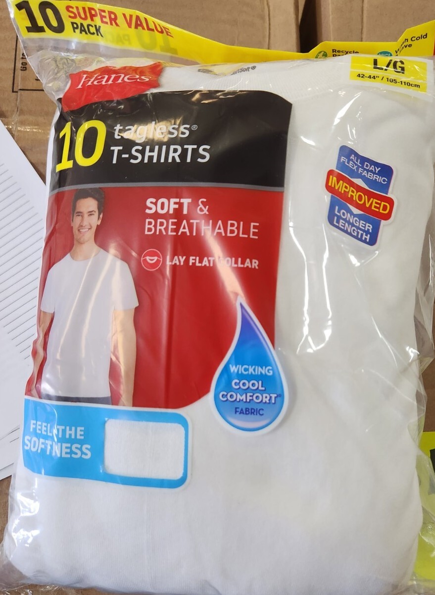 Hanes Men’s 10 Pack Tagless White T -Shirts size Large (42-44″)