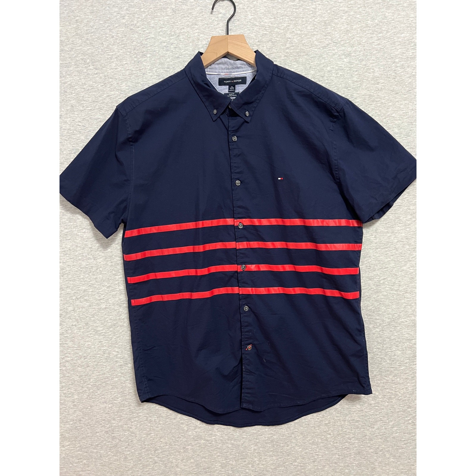 Tommy Hilfiger Shirt Men’s XL Navy Blue Red Stripe SS Stretch