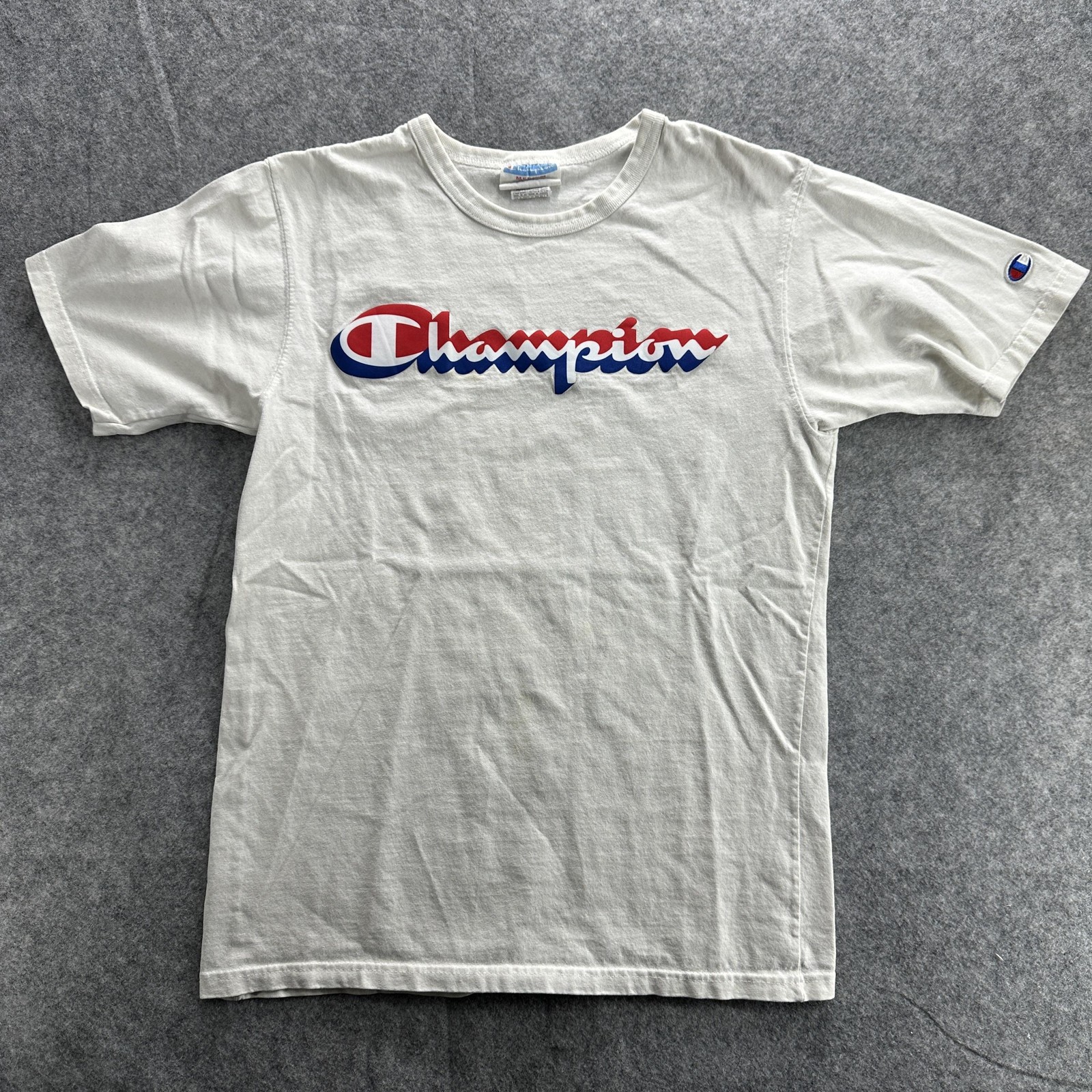 Champion Shirt Mens Medium White Red Blue Spell Out Graphic Tee T-Shirt Cotton