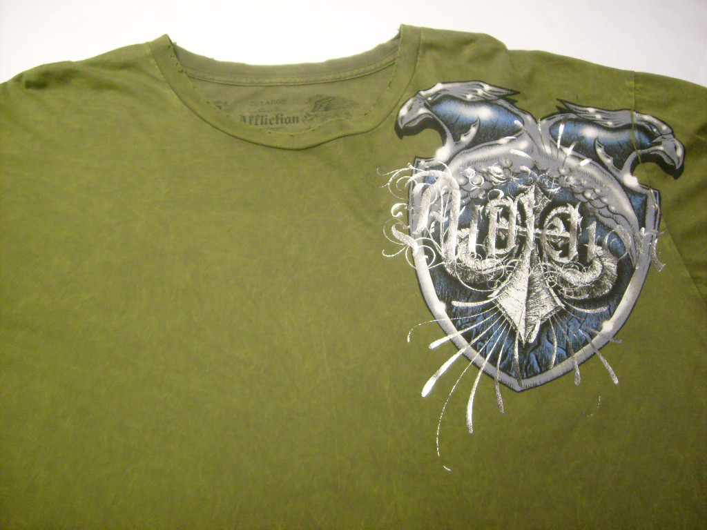 AFFLICTION Mens GREEN w EAGLES & SILVER FOIL WINGED SHIELD T-Shirt New XXL 2XL