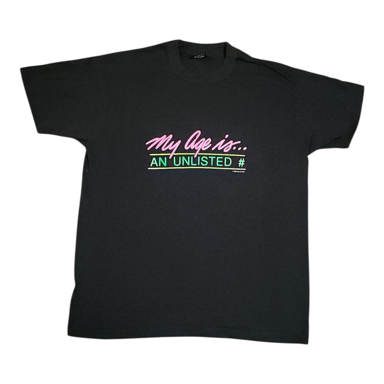 Vintage 1990 Men’s Black T-shirt XL “My Age Is An Unlisted Number” Single Stitch