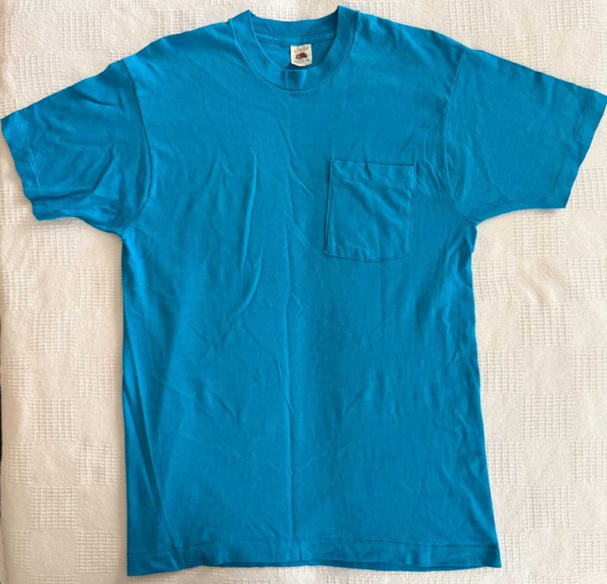 Vintage Fruit of the Loom Pocket T Shirt Large Turquoise Blue Single Stitch