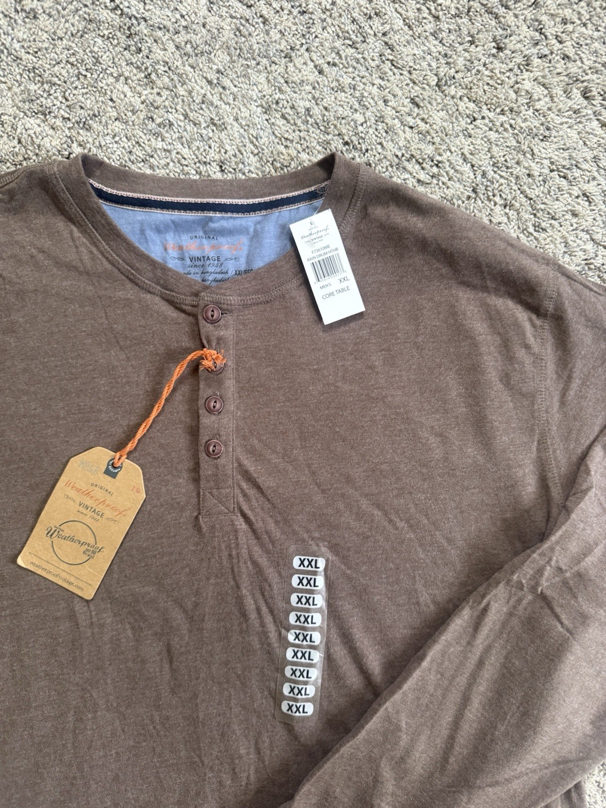 Weatherproof Vintage Men’s Brown Solid Long Sleeve Henley T-Shirt, Button, XXL