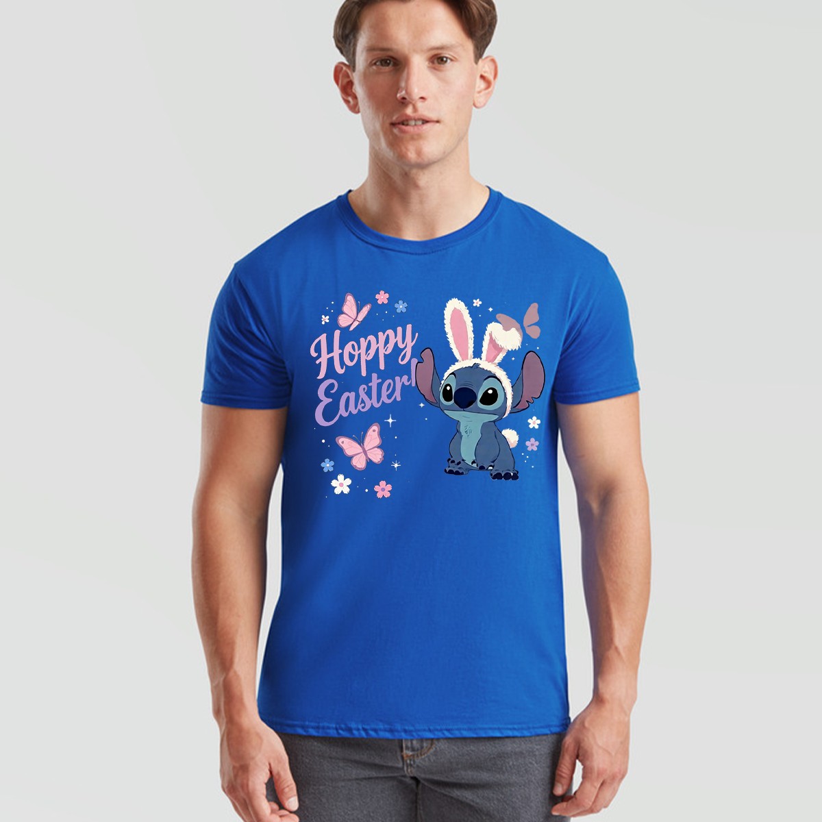 Unisex Blue Alien Hoppy Easter Bunny Butterflies Graphic Cotton Spring T-Shirt