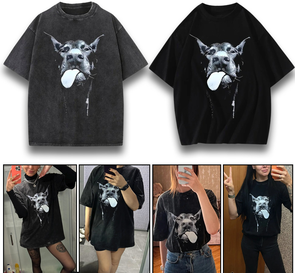 Relaxed Fit Cotton T-Shirt With Doberman Dog Pirnted Streetwear Unisex Tee