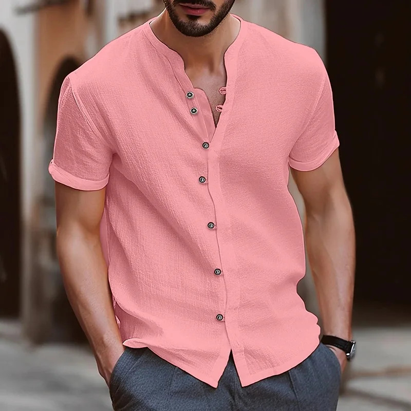 2026 New Men’s Casual Stand Up Collar Summer Solid Color Short Sleeve Cotton-Lin