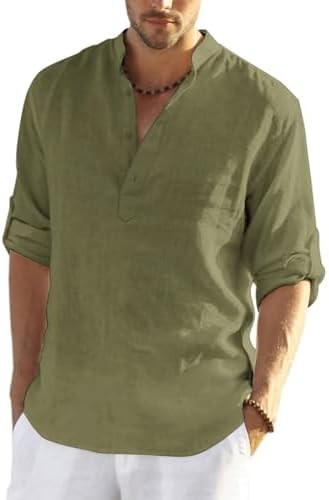 Men’s Shirt Long Sleeve Size 4X-Large Army Green Relaxed Fit Summer Cotton,Linen