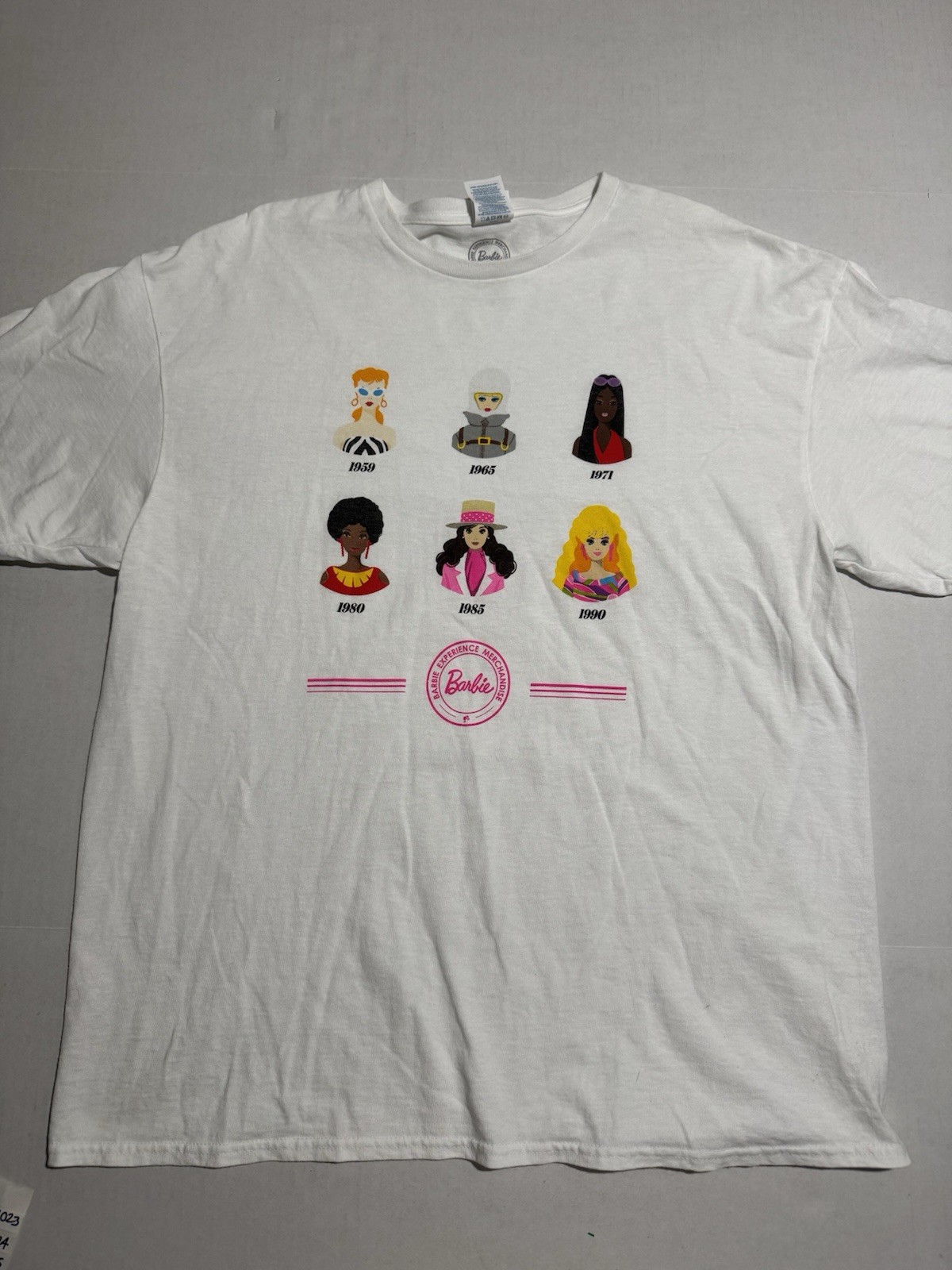 Barbie Decades Character Print 1950s-1990s, White Tee, XL #1023