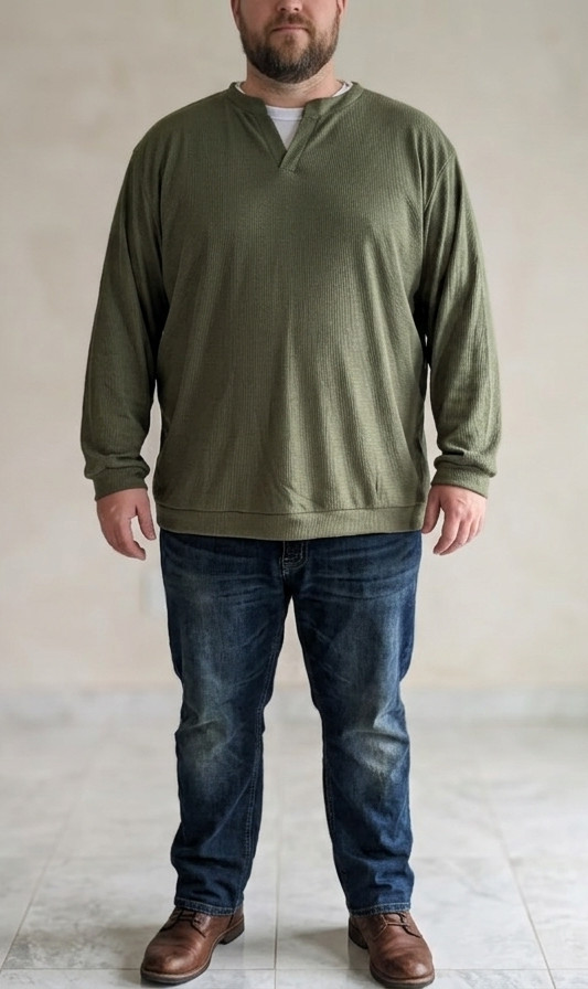 Men’s 4XL Olive Green Waffle Knit Long Sleeve Shirt Notch Neck Casual Thermal To