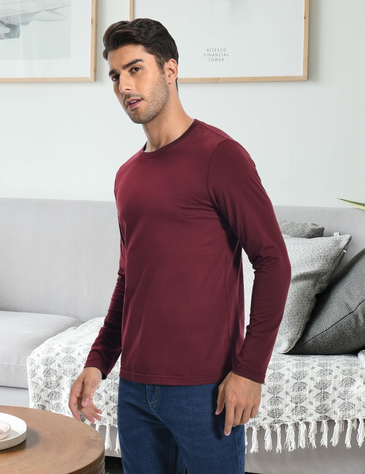 Men’s 2 Pack Long Sleeve Soft Casual Cotton Crew Neck Shirts (Wine Red, Large)