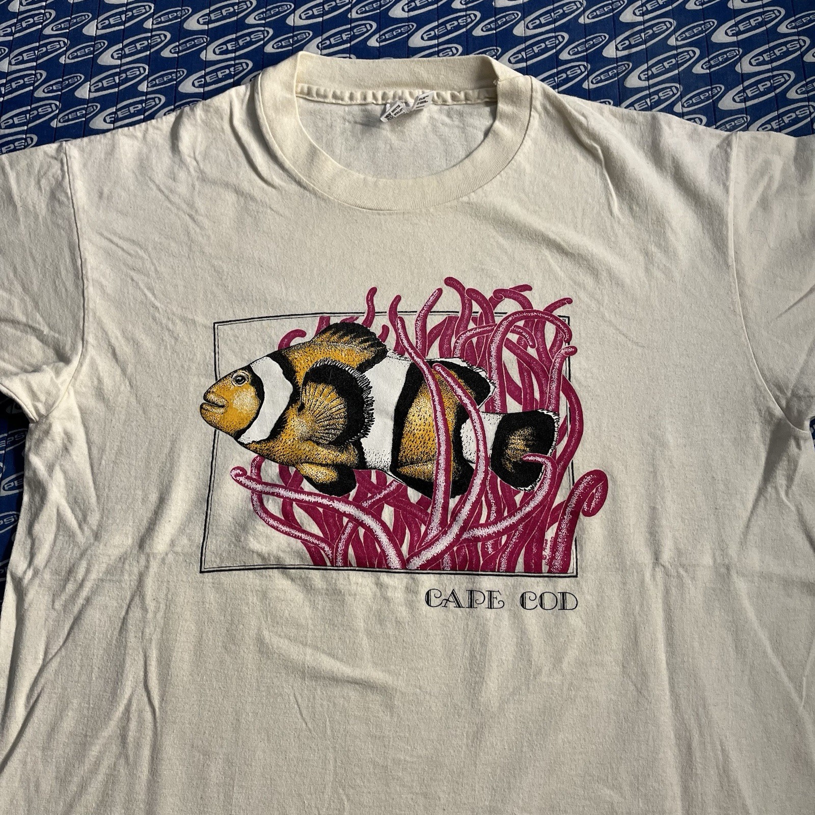 Vintage 90s Cape Cod Ocean Aquatic Clown Fish T Shirt White Size Large Men’s