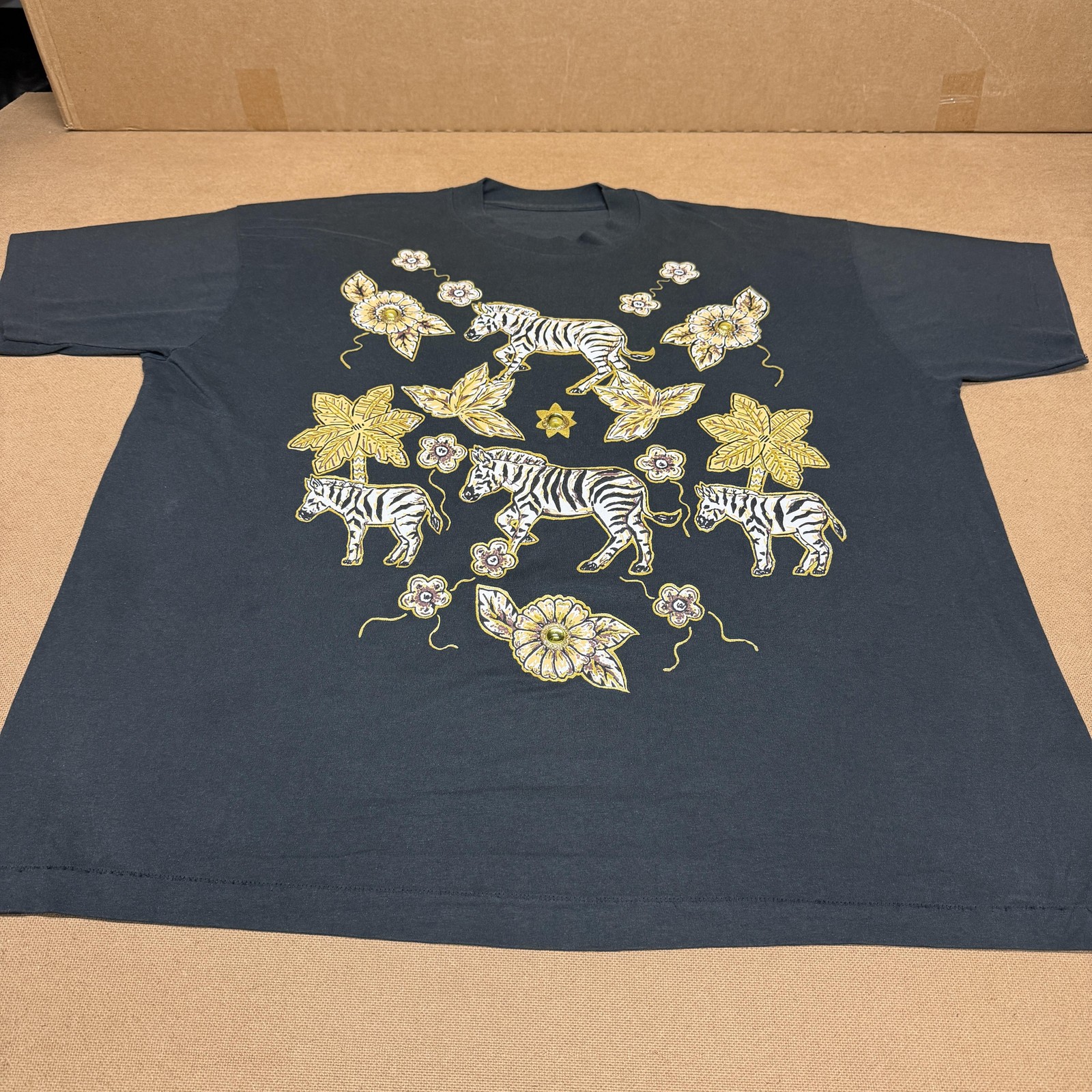 Zebra Floral Shirt Mens XL Black Graphic Animal Beaded Flowers Tee Embellished