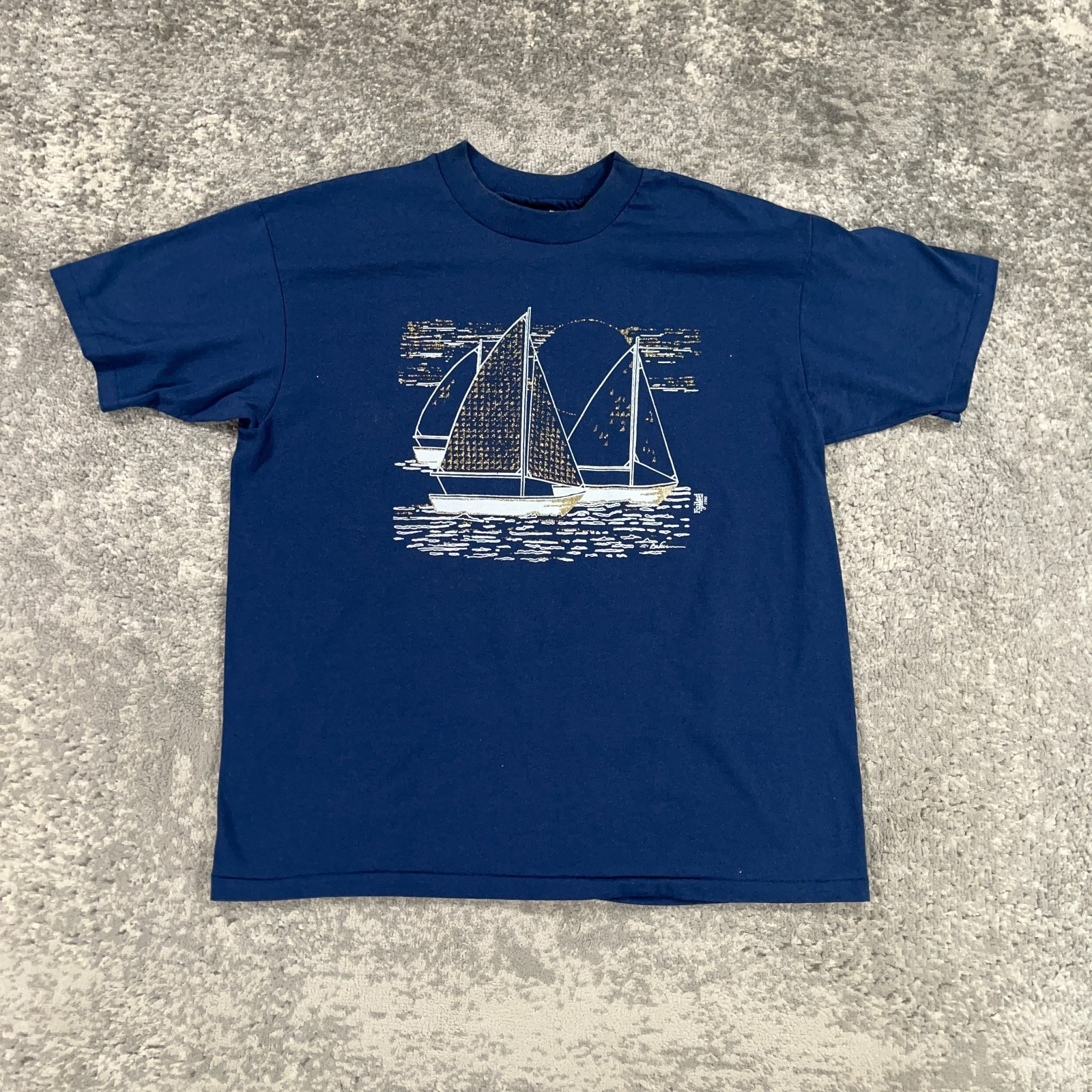 VTG Sailboat Art Tee Shirt Mens XL Blue Gold Foil Print 80s USA Single Stitch