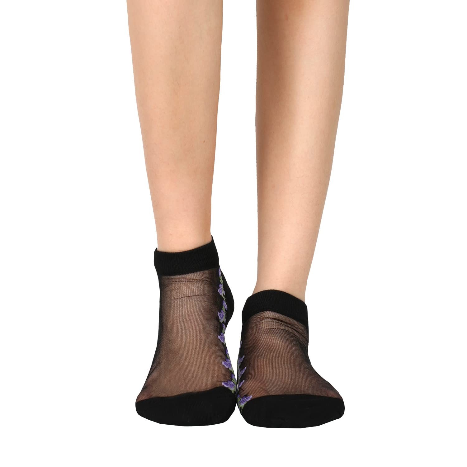 Womens Girls Black Sheer Socks Lace Mesh Ankle Socks Novelty Floral Patterned…
