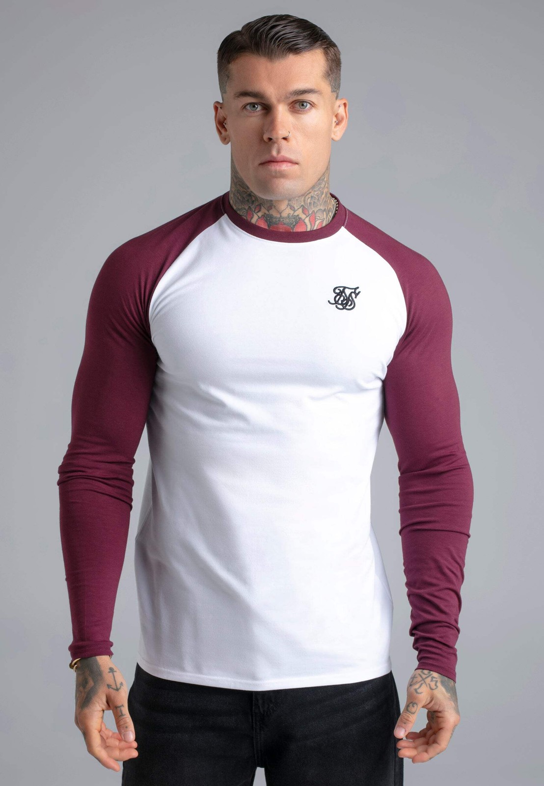 SikSilk Men’s Long Sleeved Muscle Fit T-Shirt Tee White and Burgundy