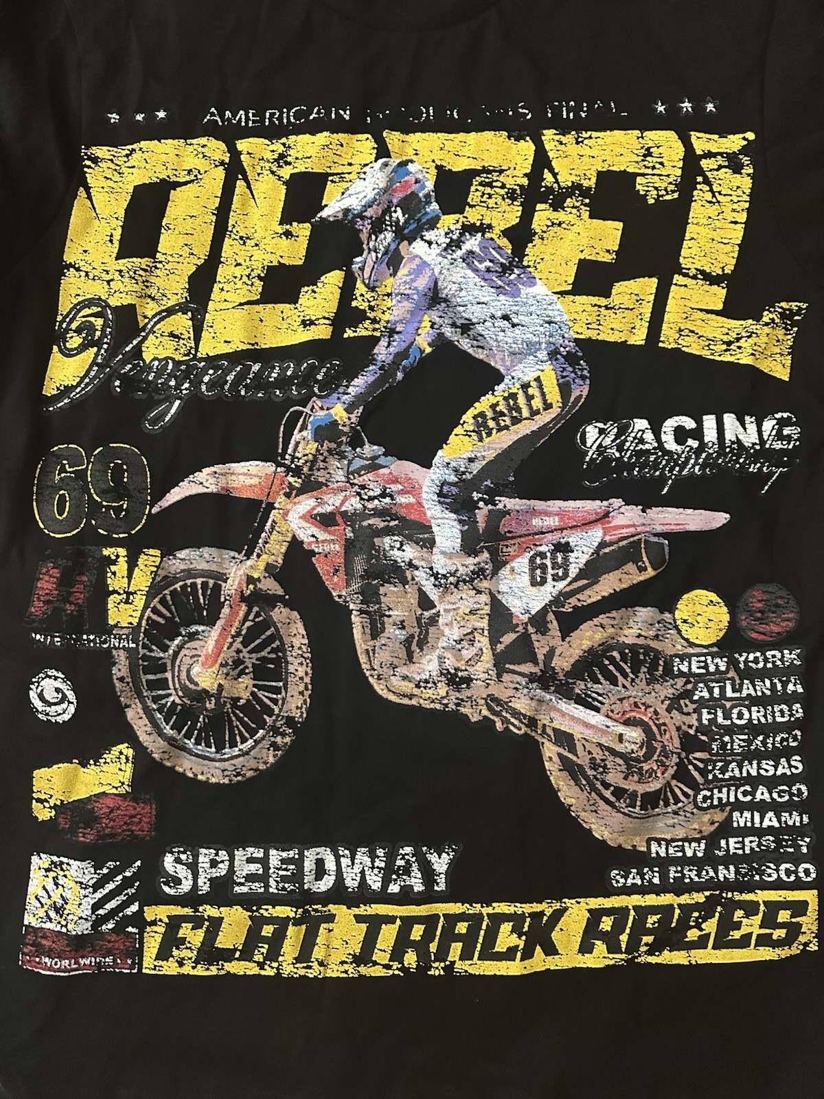 Rebel Speedway Flat Track Races Graphic Tee – Vintage Y2K Motocross Black Tshirt