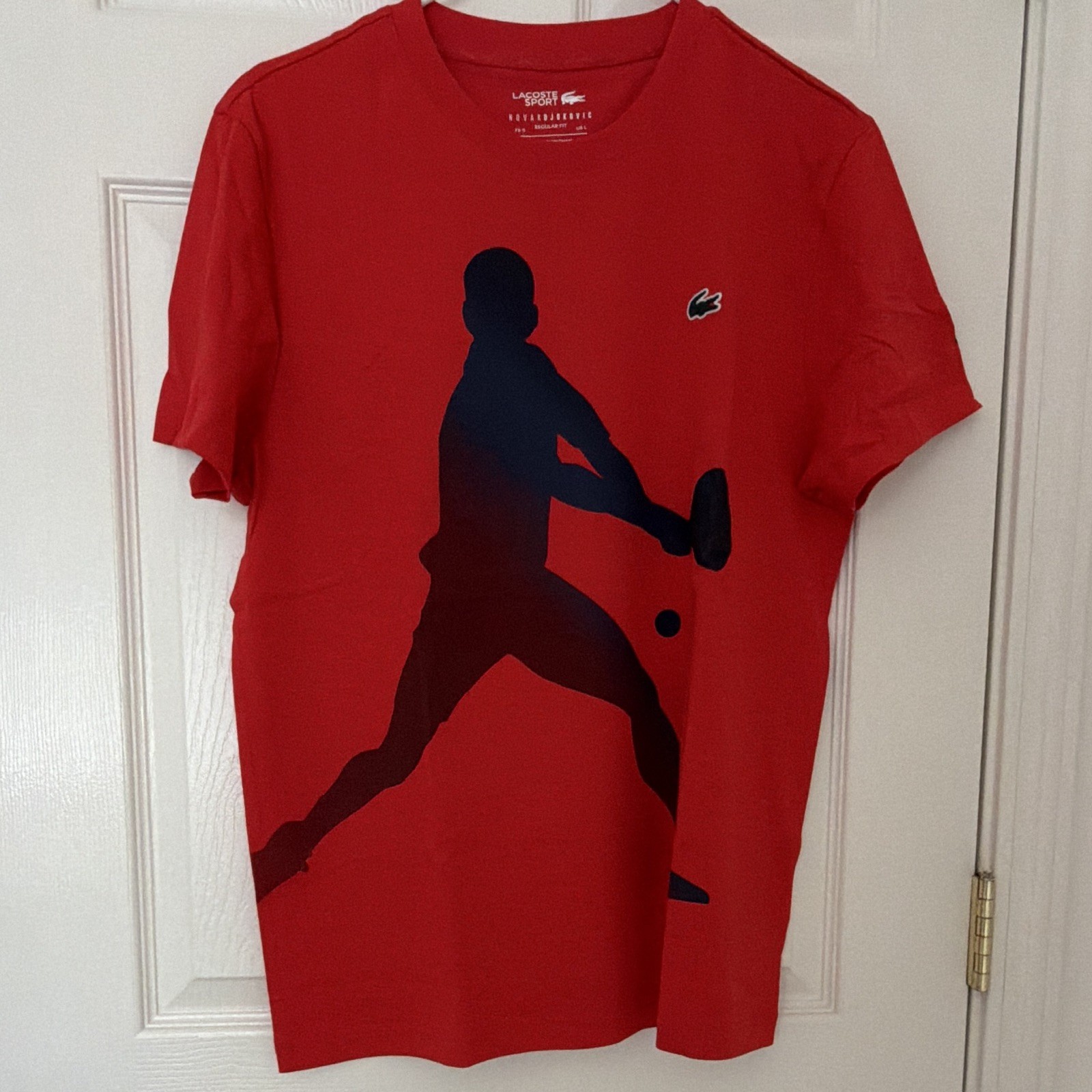Lacoste Sport Men’s L Red Cotton Knit Short Sleeve Crew Neck Novak Djokovic Tee