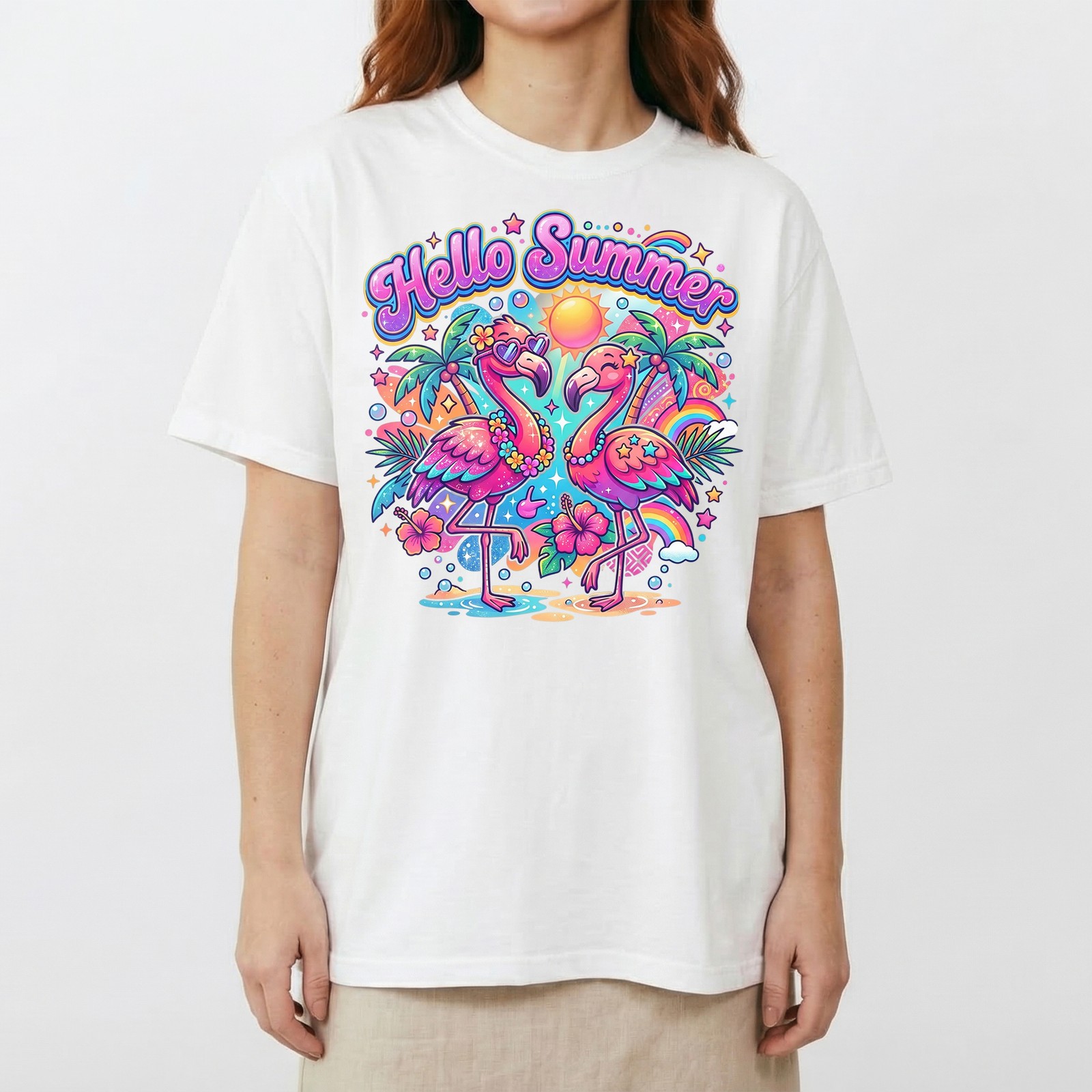 Hello Summer Tropical Flamingo T-Shirt Retro Neon Beach Vacation Holiday Tee