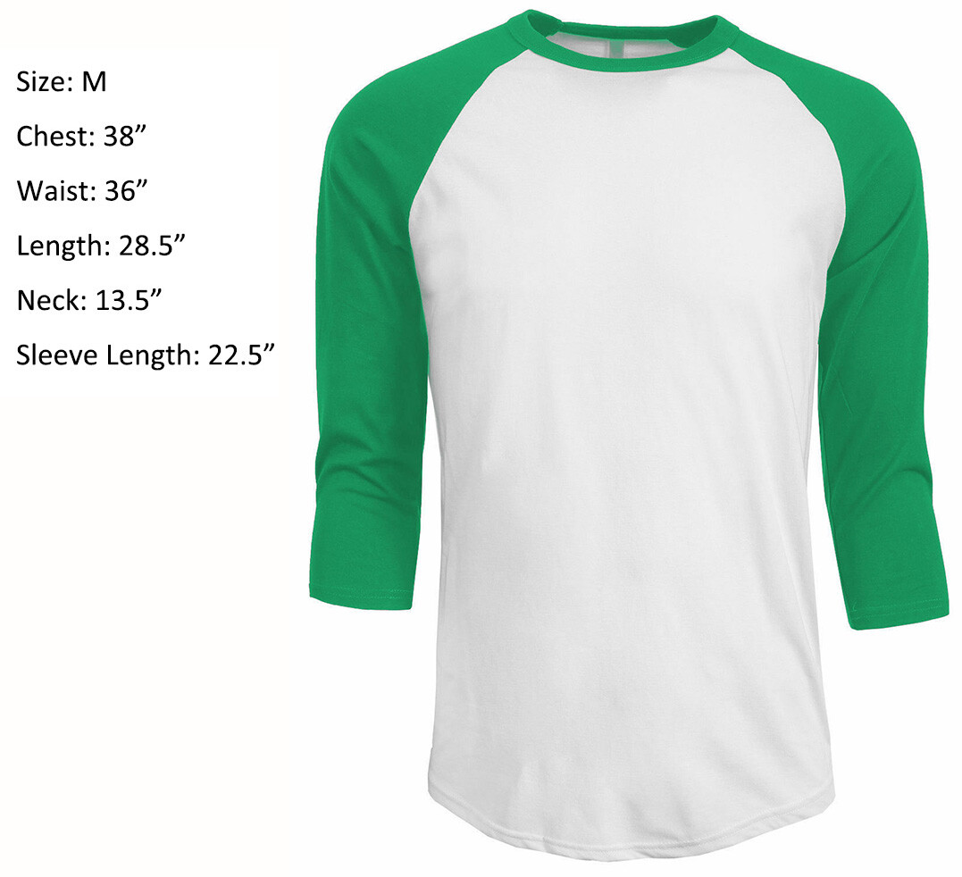 3/4 Sleeve Plain T-Shirt Baseball Raglan Jersey Sports Men’s Tee White Green M
