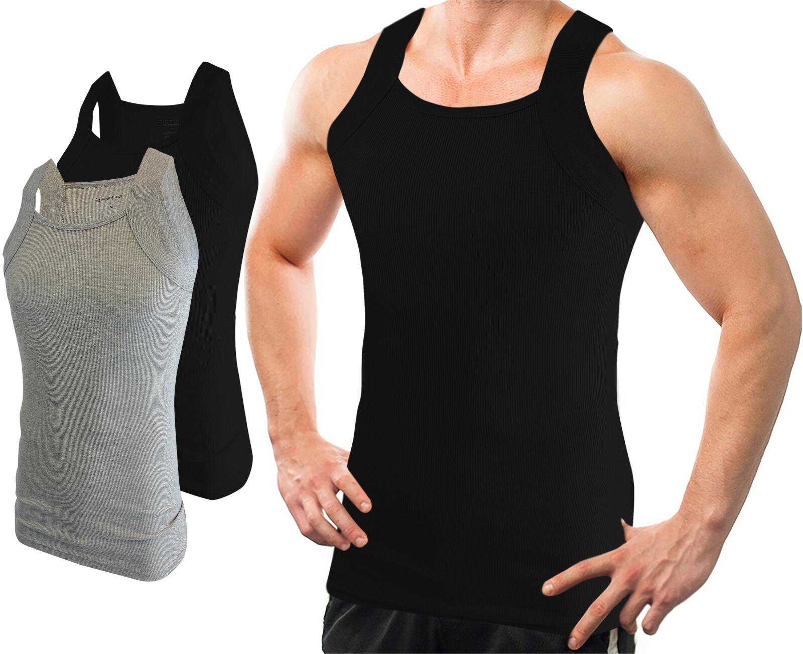 Different Touch 2 Pack Men G-Unit Square Cut Ribbed Basic Colors Tank Tops