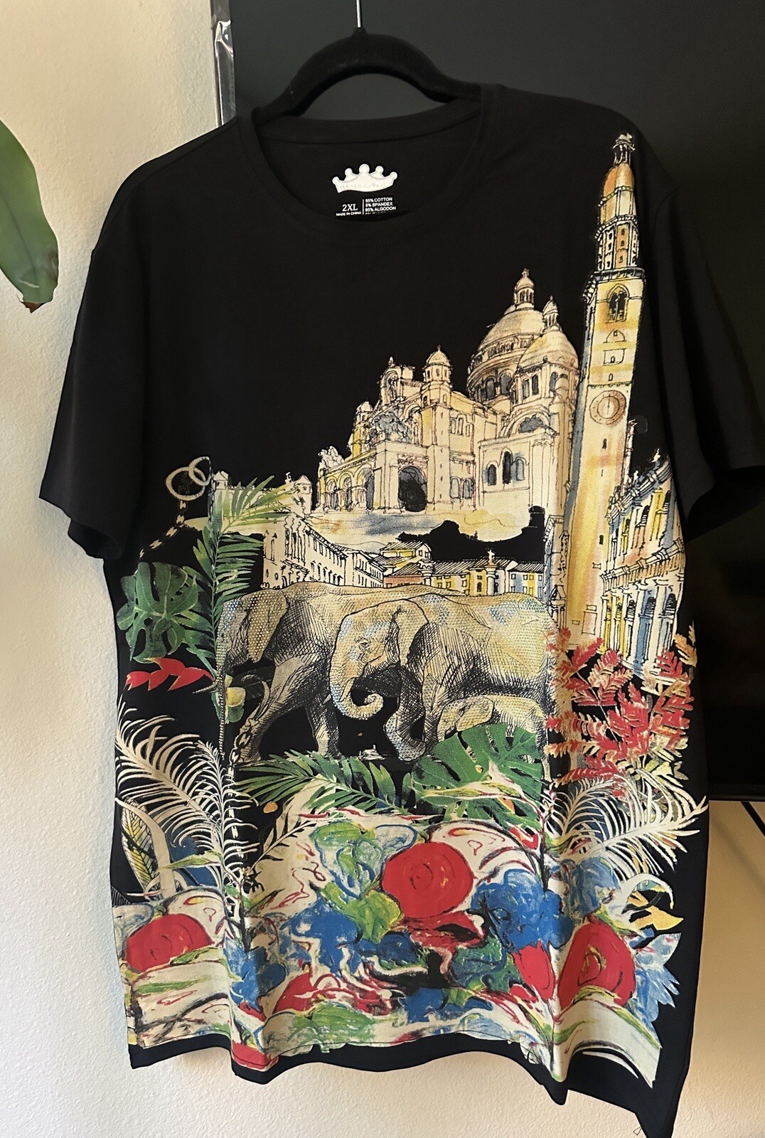 Heads or Tails Men’s Rhinestones Beaded / Black T-shirt Elephants Size 2XL