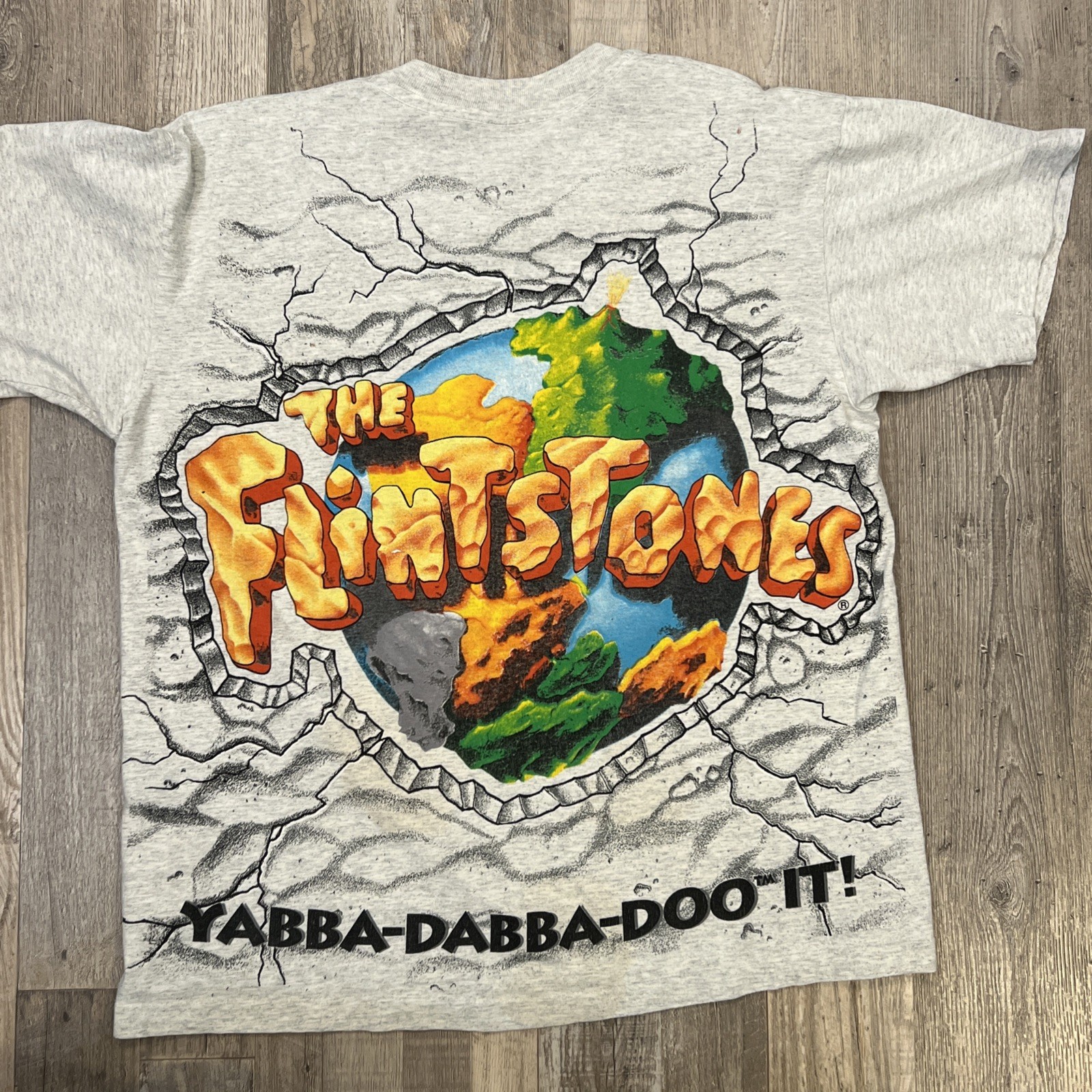 Vintage 90s The Flintstones AOP Movie Promo T Shirt Adult Large Gray Mens