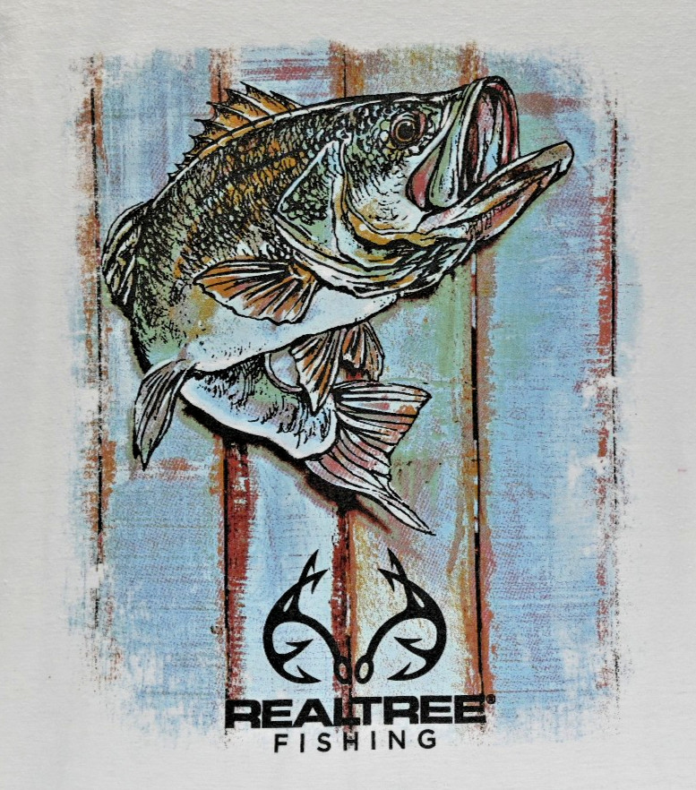 Realtree Fishing Men’s T-Shirt XL Blue Graphic Large Mouth Bass Short Sleeve