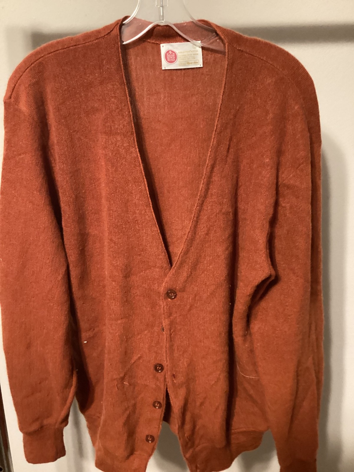 70s Lg Mens Kings Road acrylic rust orange cardigan old man Kramer sweater shirt