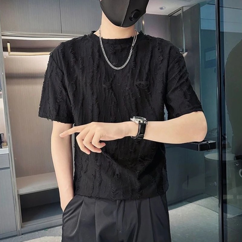 Mens Distressed Textured Short Sleeve T-Shirt Trendy Ripped Summer Crew Neck Tee