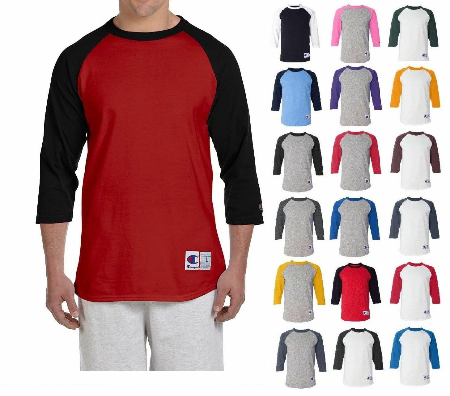 Champion T137 3/4 Raglan Sleeve Baseball Cotton Shirt Tag-less T-Shirt