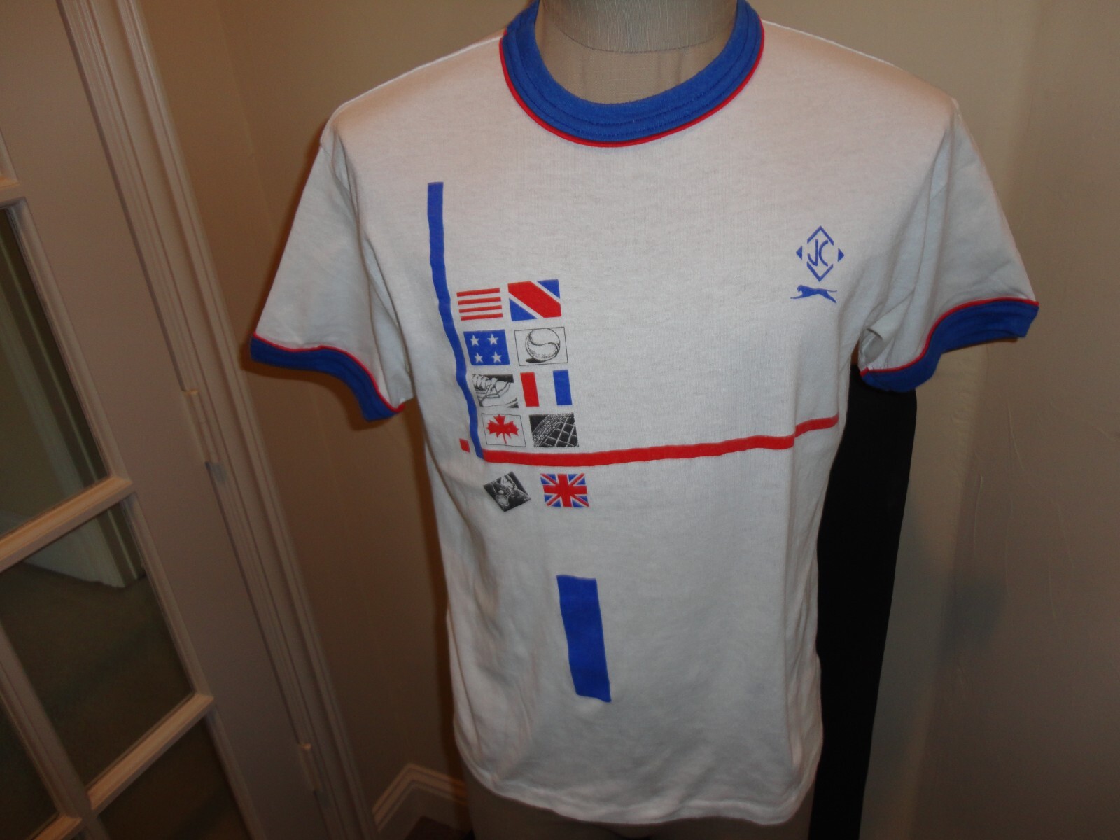 Vintage White Red Blue JC Soccer RINGER Jersey Shirt Adult M 50-50 USA Rare