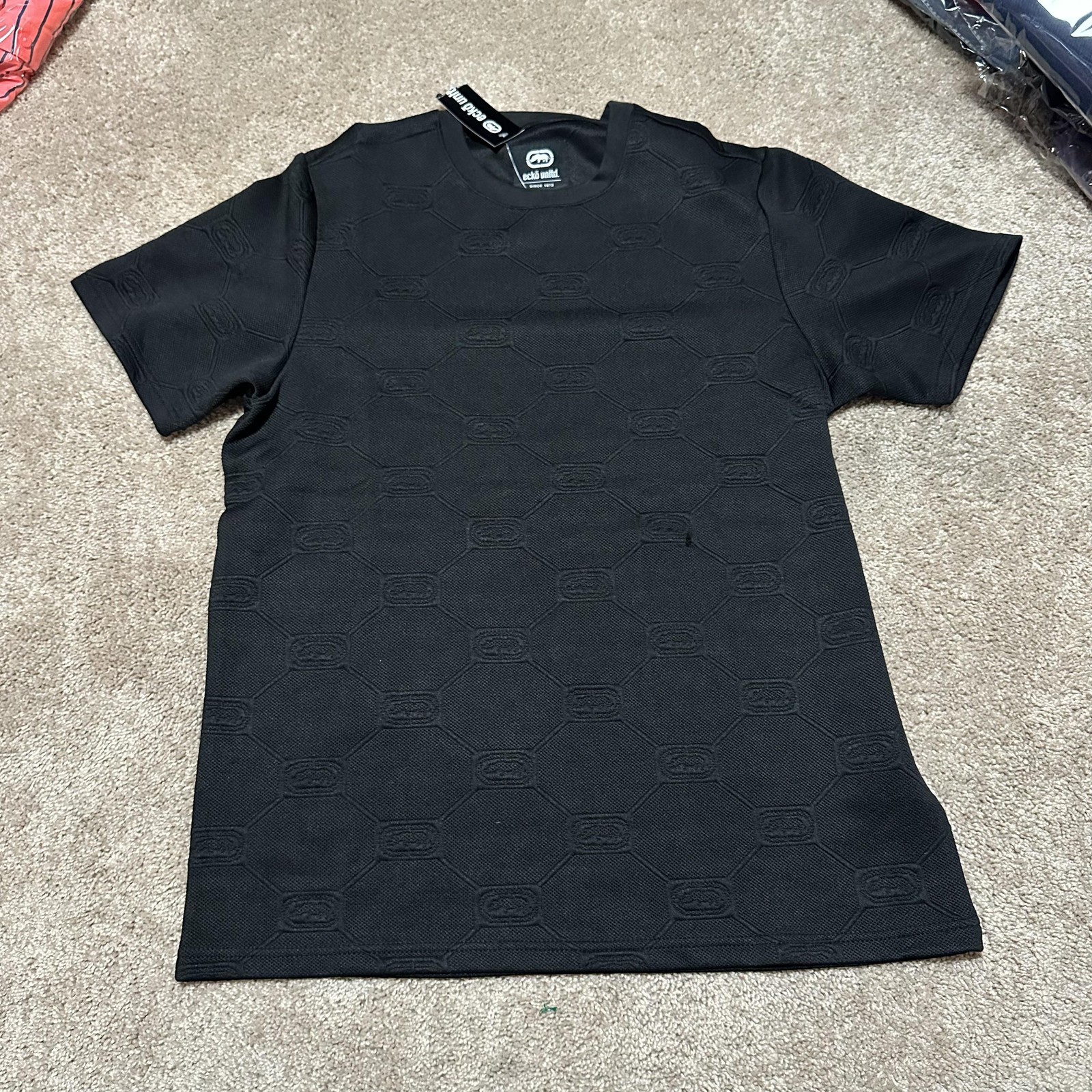 Ecko Unltd Shirt Mens Small Black Textured Allover Logo Tee Streetwear Geometric