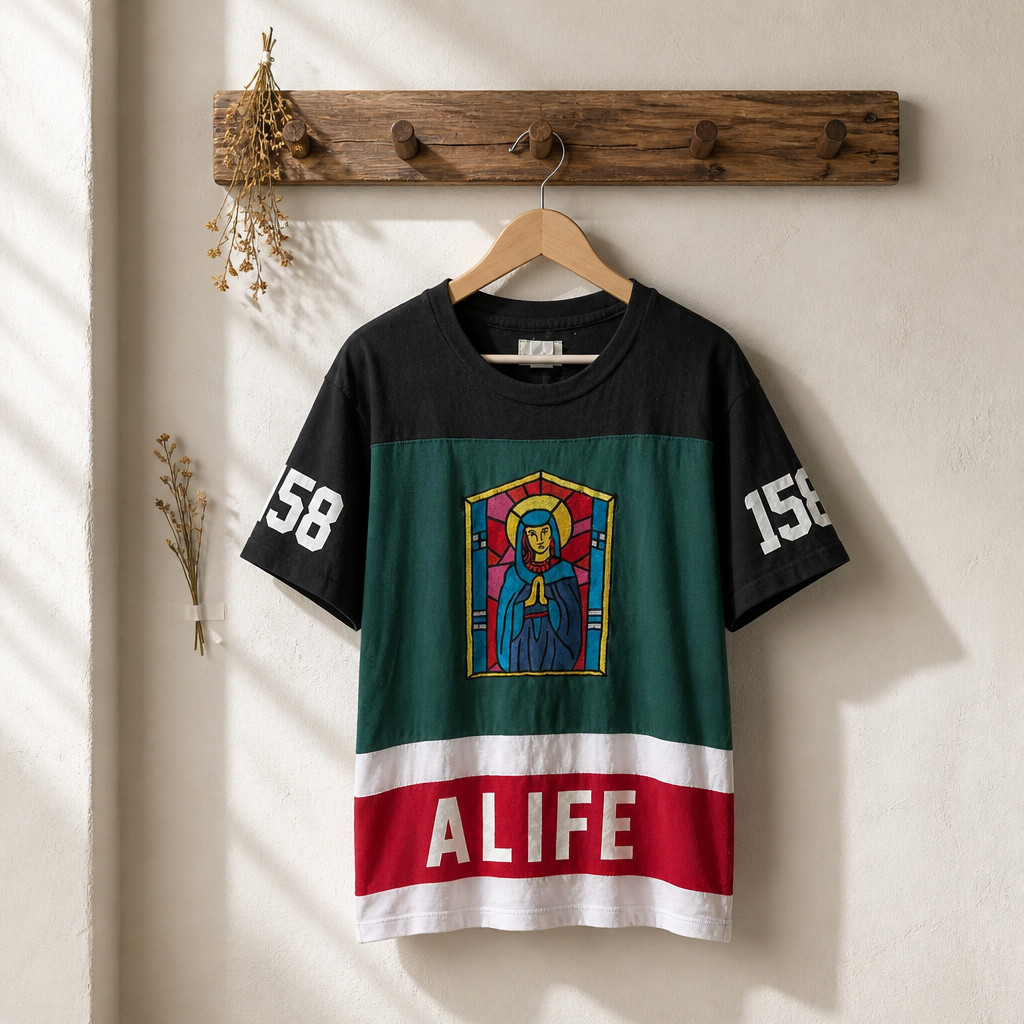 ALIFE NYC Embroidered Stained Glass Virgin Mary Jersey Shirt Size L Rare Hype