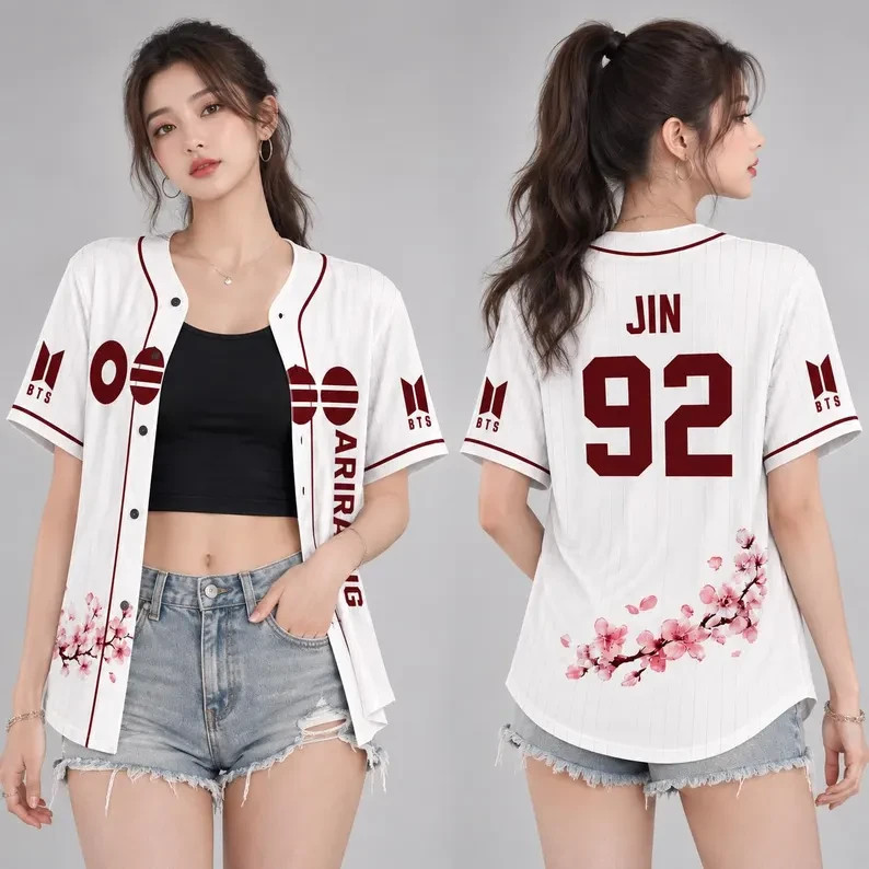 White Maroon Pinstripe Cherry Blossom Kpop Baseball Jersey Shirt Number 92 Top