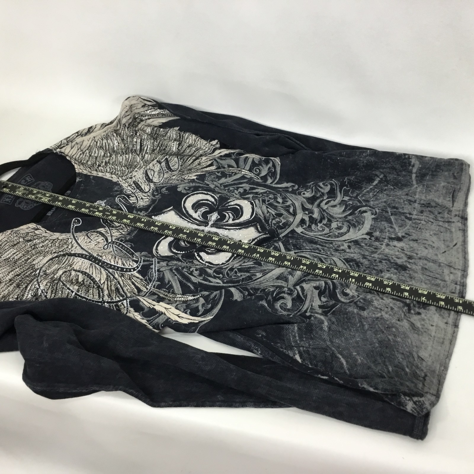 Xzavier Buckle All Over Print Studded Feather Wing Graphic T-shirt Men XL Black