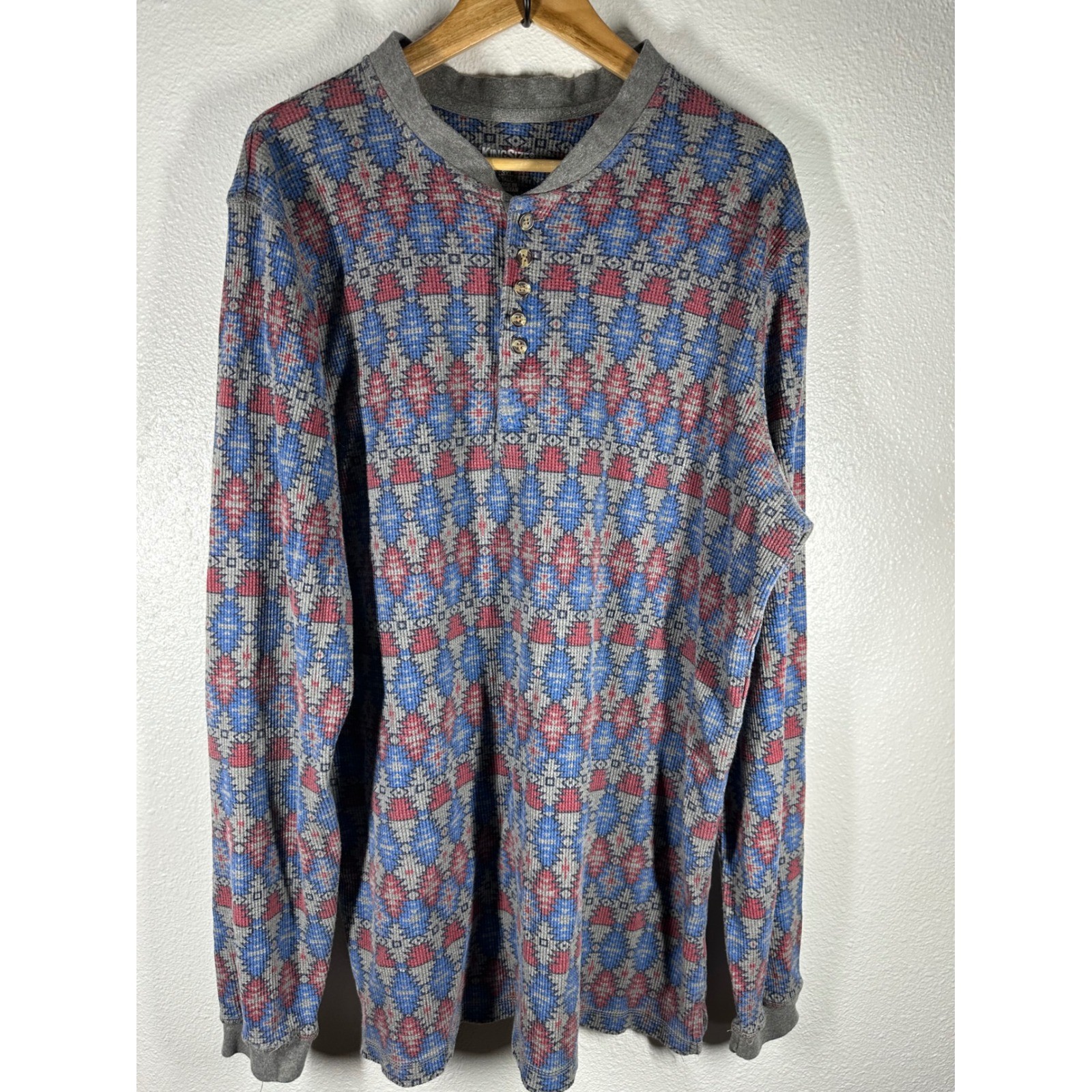 KingSize Henley Mens 3XL Tall Gray Blue Red Southwestern Waffle Thermal Shirt