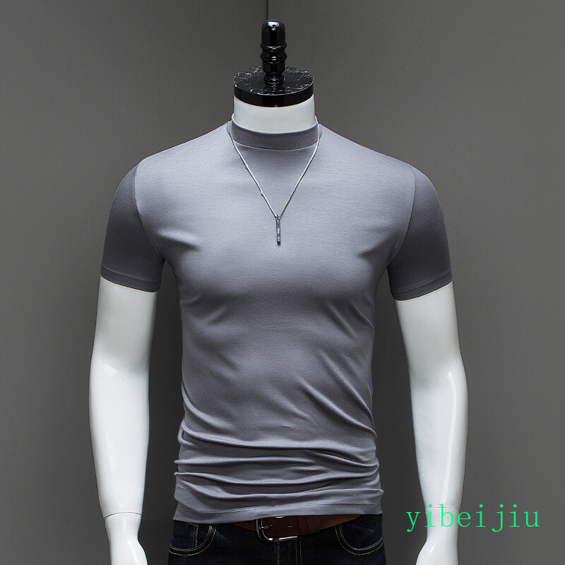 Mens Summer Half High Collar Silk Cotton Short Sleeved Slim Fit Shirts Comfort