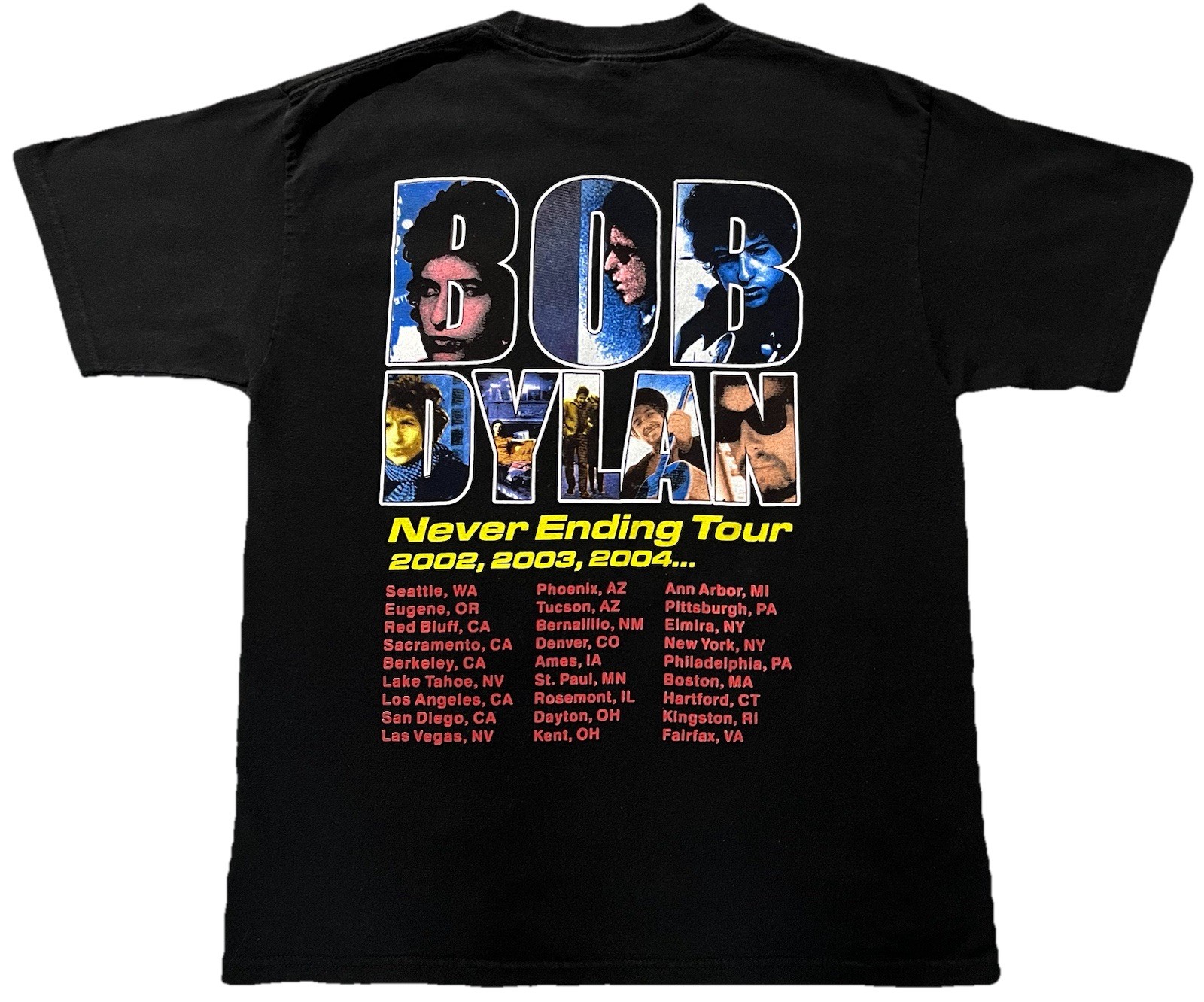 Vintage 2000s Bob Dylan Never Ending Tour T-Shirt Black Large Music Band Y2K