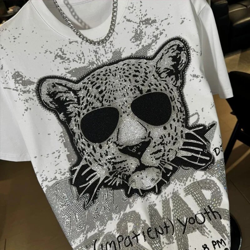 New Men Luxury Diamond Leopard Rhinestones Fashion T-Shirt High Quality 3 Colors