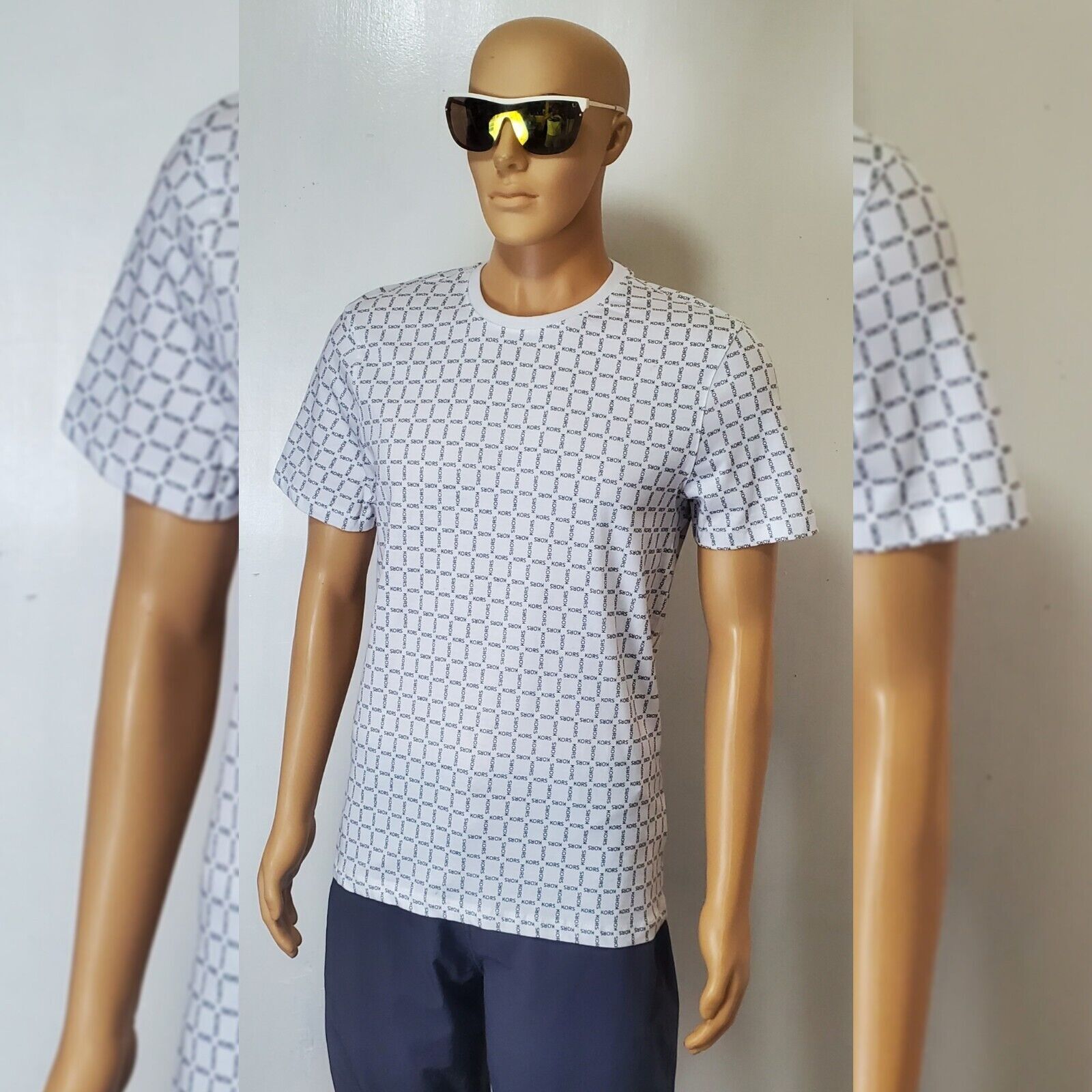NWT MICHAEL KORS SHORT SLEEVE TSHIRT MEN’S ALLOVER GEOMETRIC LOGO PRINT WHITE