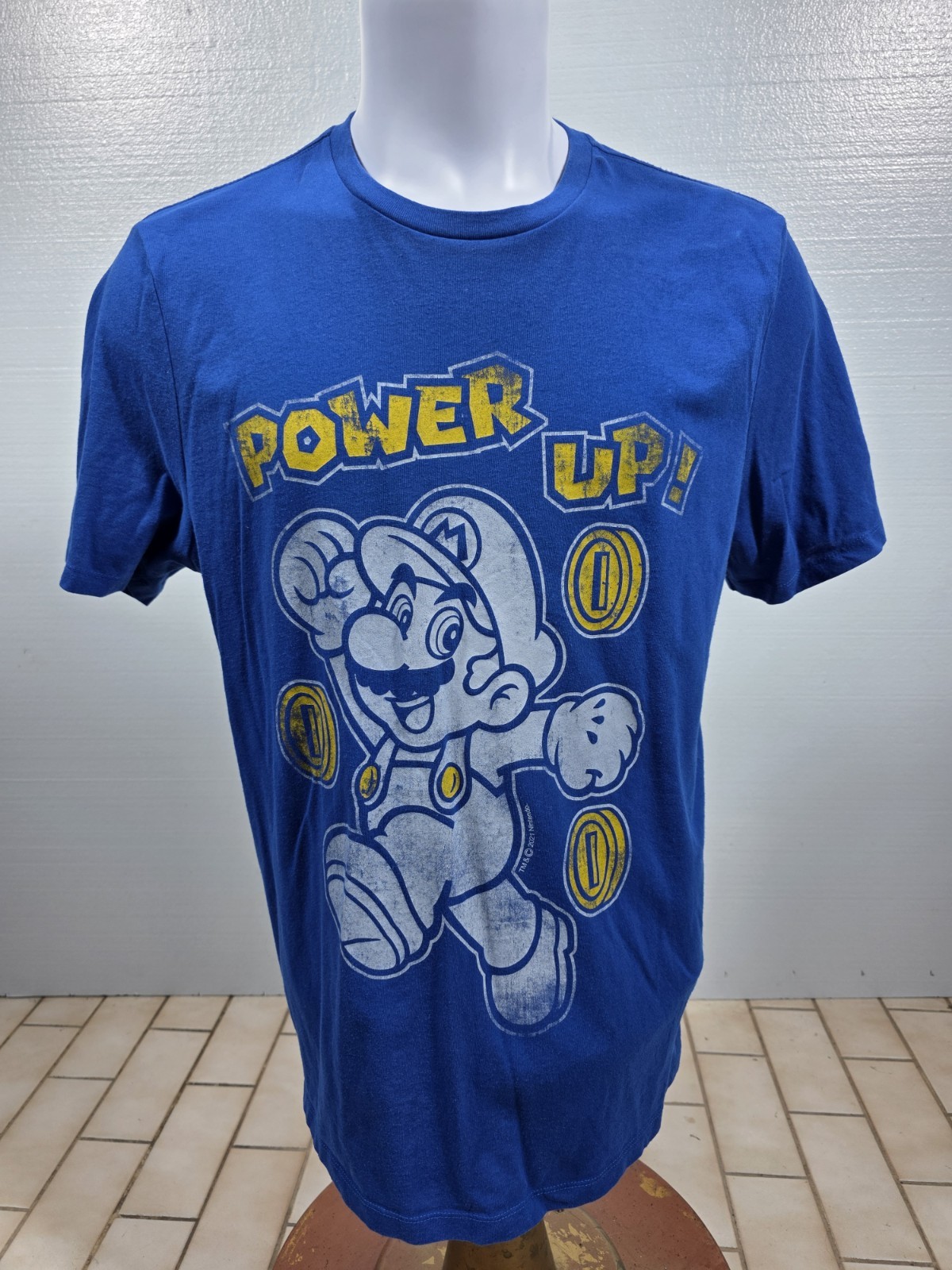 GAP x Nintendo Mario Power Up Tee Blue XL Coins Distressed Collab 2021