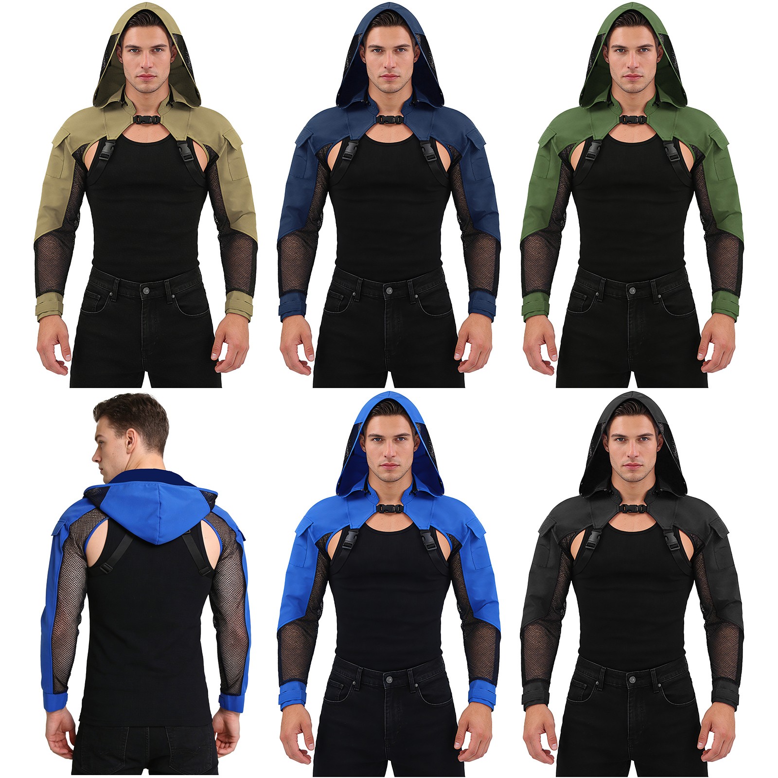 US Mens Crop Tops Mesh Jackets Outwear Work Shirts With Buckle Shoulder Armor