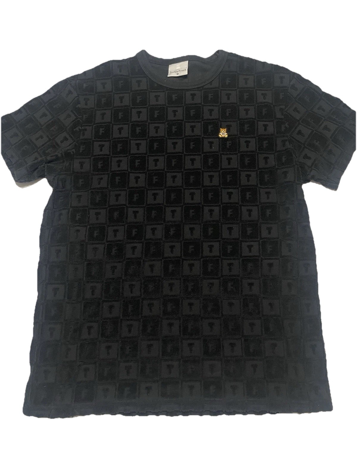 Teddy Fresh Terry Jacquard Men T-Shirt Black Crew Neck Short Sleeve H3 Pod Sz M