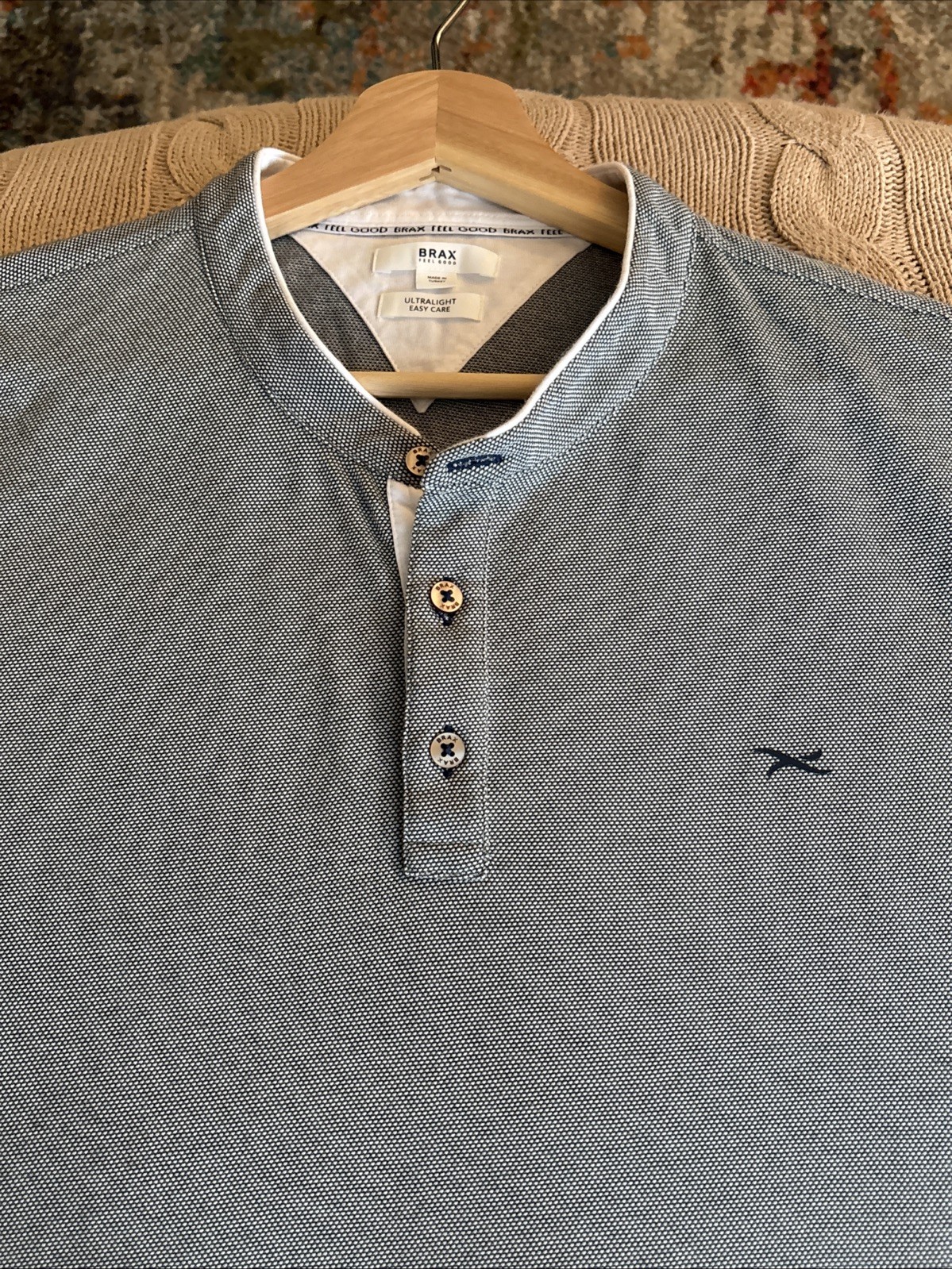 Brax Men’s Feel Good Henley Long Sleeves XL Ultralight, Easy Care, Gray/Blue