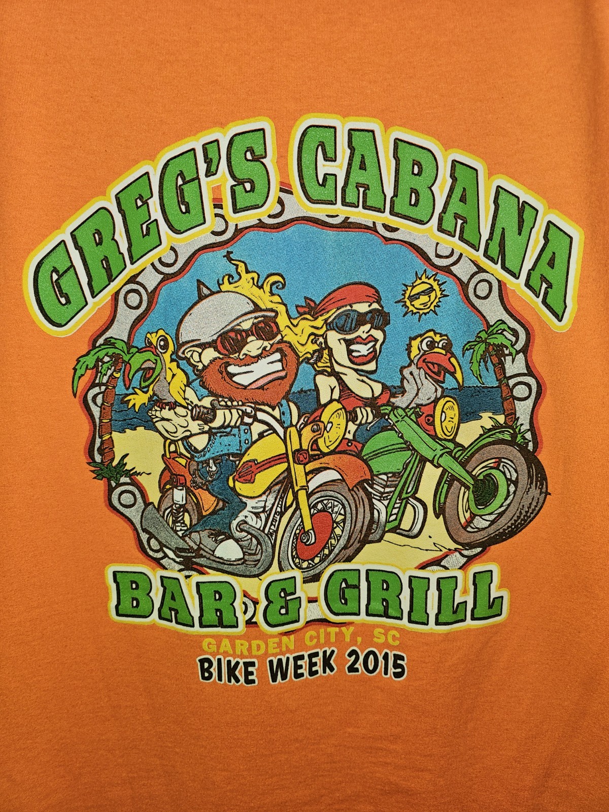 Gregs Cabana 2015 Bike Week South Carolina Large Mens Orange Graphic Logo Tshirt
